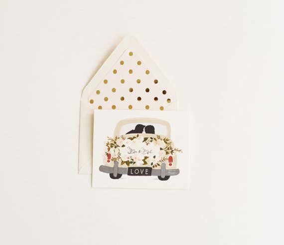 MR & MRS VINTAGE GETAWAY CAR WEDDING GREETING CARD