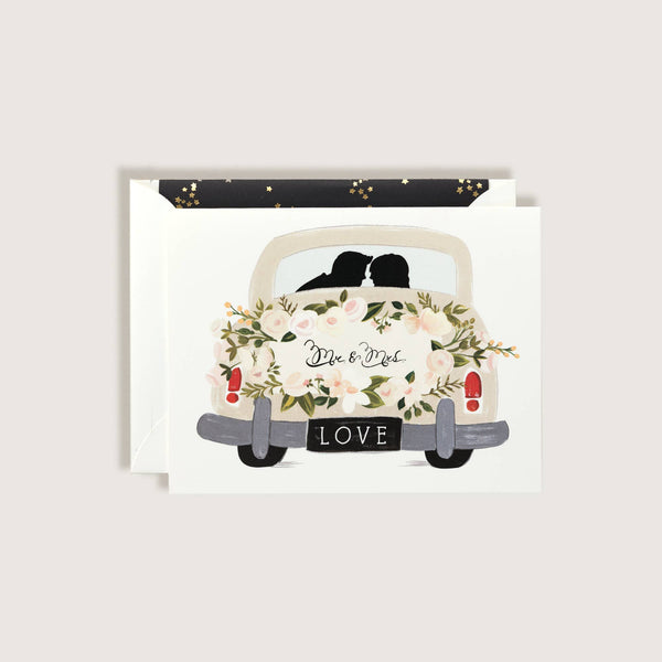 MR & MRS VINTAGE GETAWAY CAR WEDDING GREETING CARD