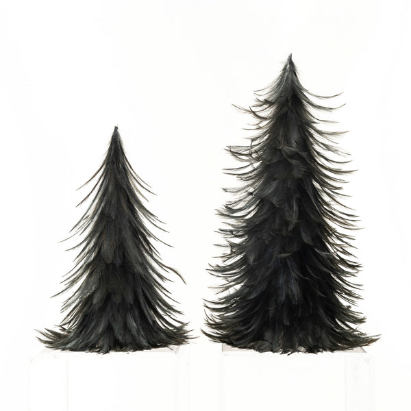 Two decorative feather trees with a Christmas tree shape, made of black feathers, displayed on a white background.
