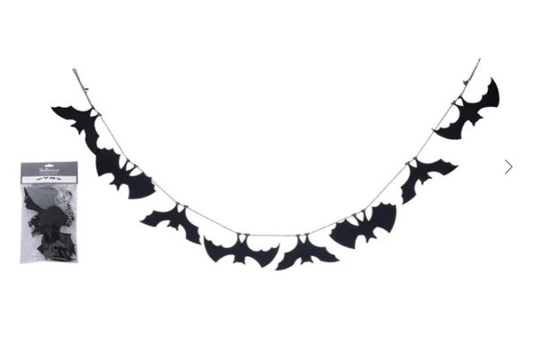 A black felt banner with a series of triangular bats hanging from a string, displayed against a white background. The banner is packaged in a clear plastic bag with a label.