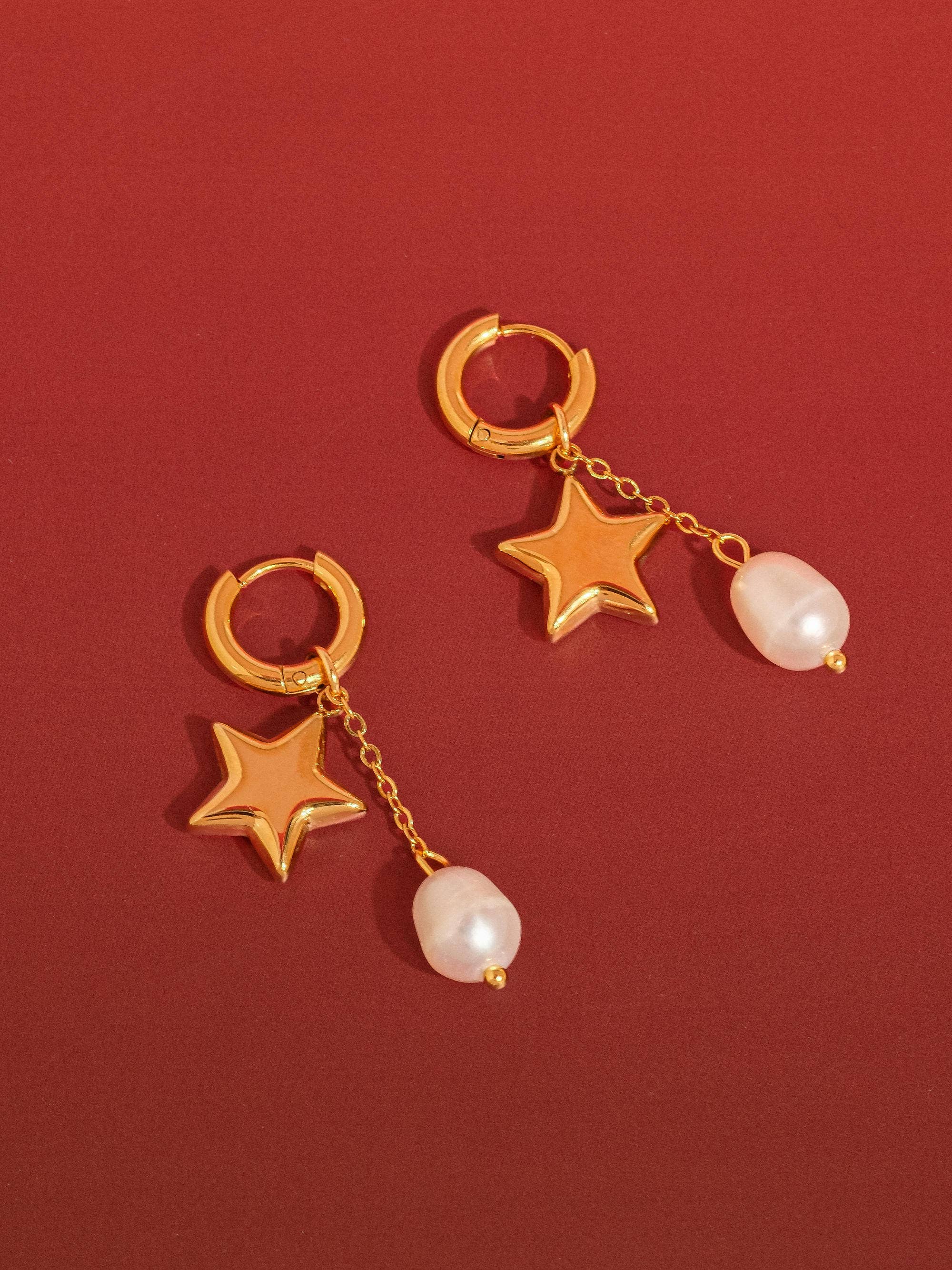 LAURÉA 18K GOLD NON-TARNISH STAR PEARL DROP EARRINGS