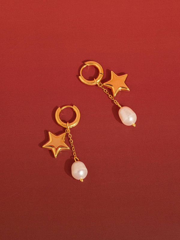 LAURÉA 18K GOLD NON-TARNISH STAR PEARL DROP EARRINGS