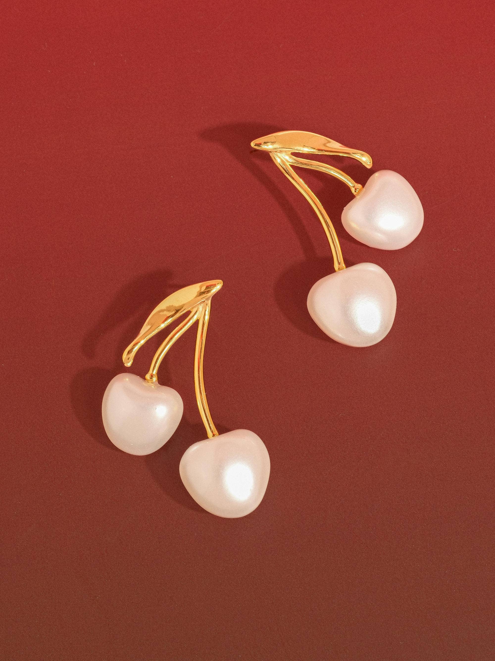 CHÉRIE 18K GOLD NON-TARNISH LARGE PEARL CHERRY EARRINGS