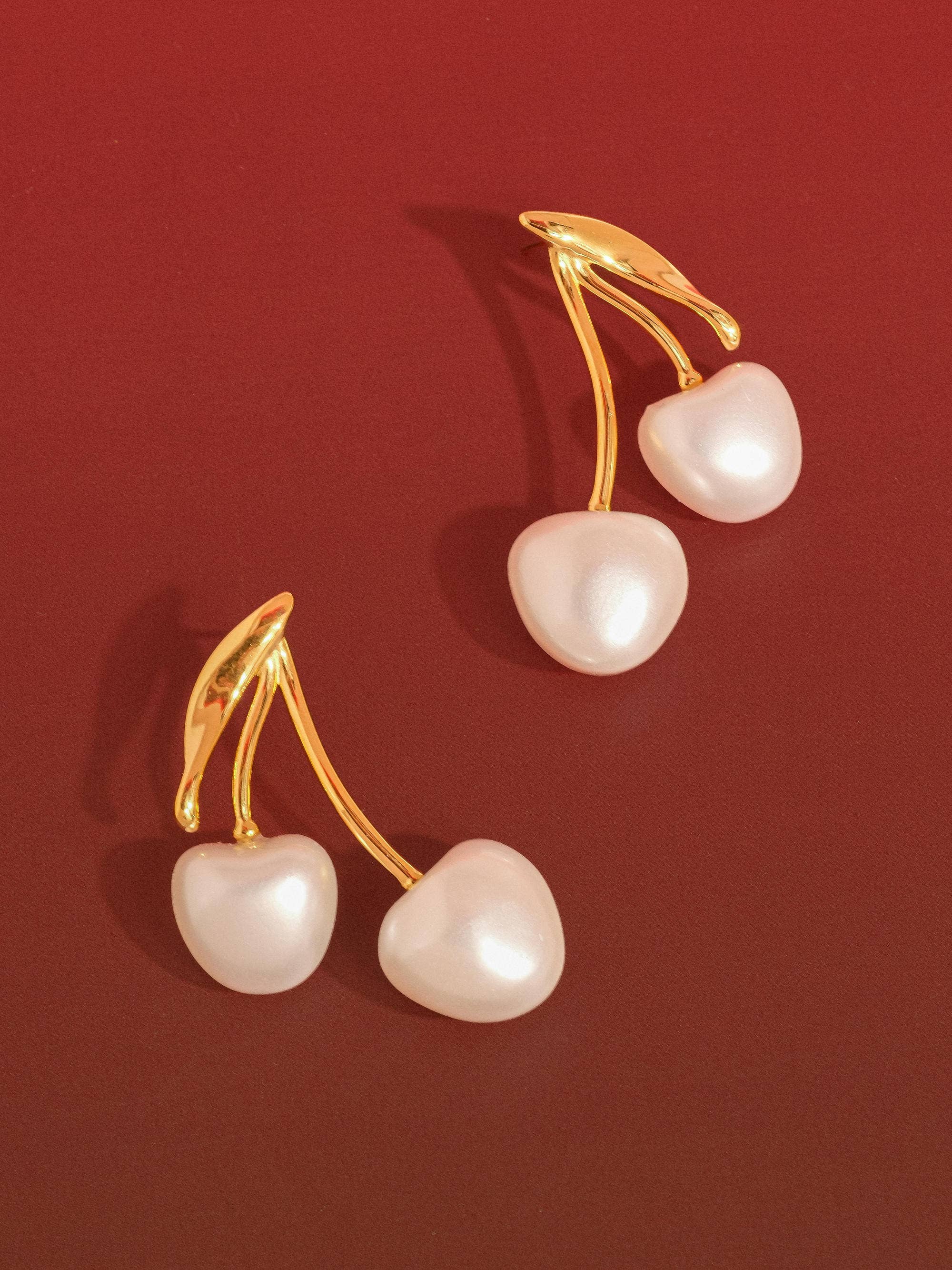 CHÉRIE 18K GOLD NON-TARNISH LARGE PEARL CHERRY EARRINGS