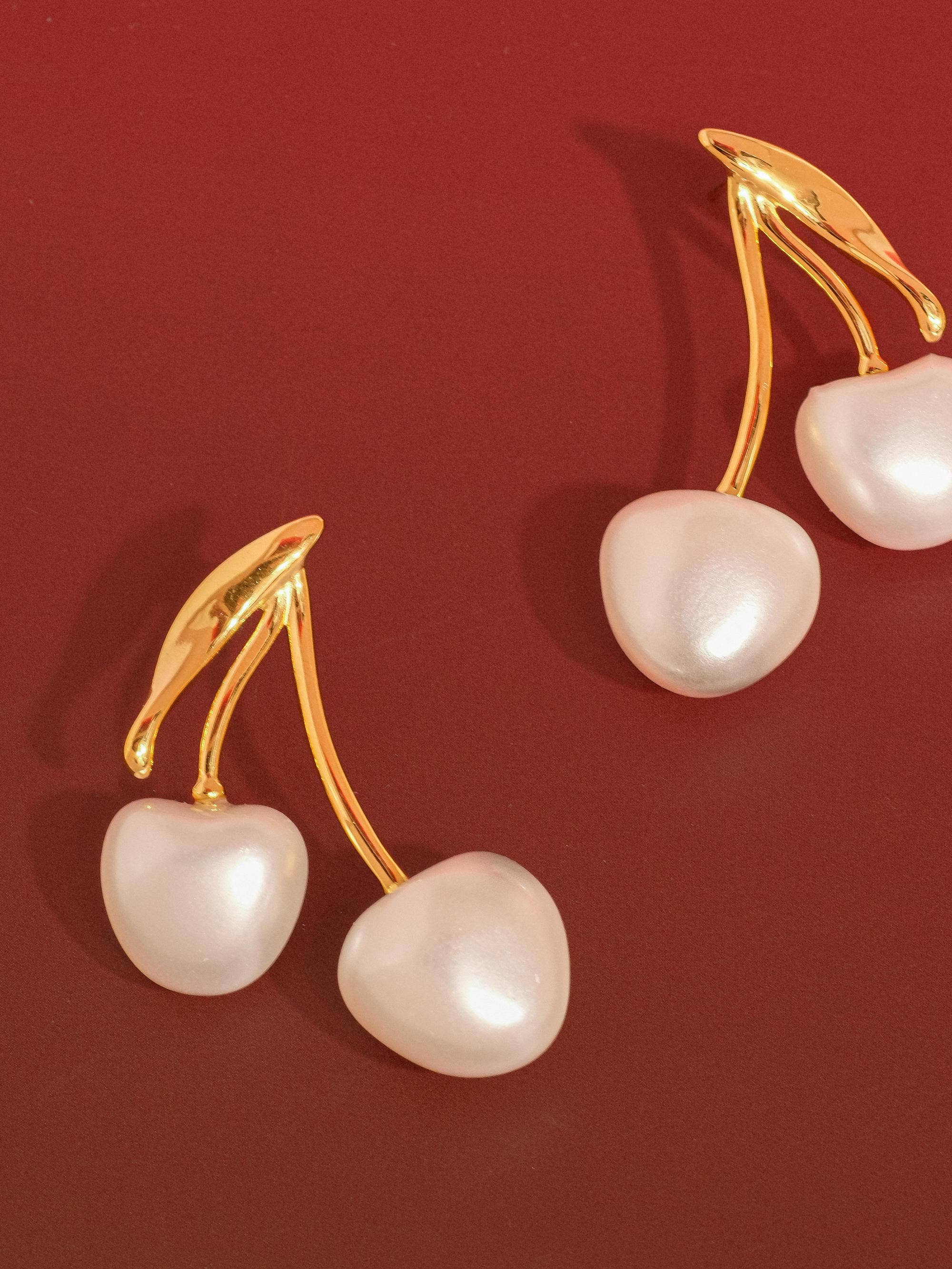 CHÉRIE 18K GOLD NON-TARNISH LARGE PEARL CHERRY EARRINGS