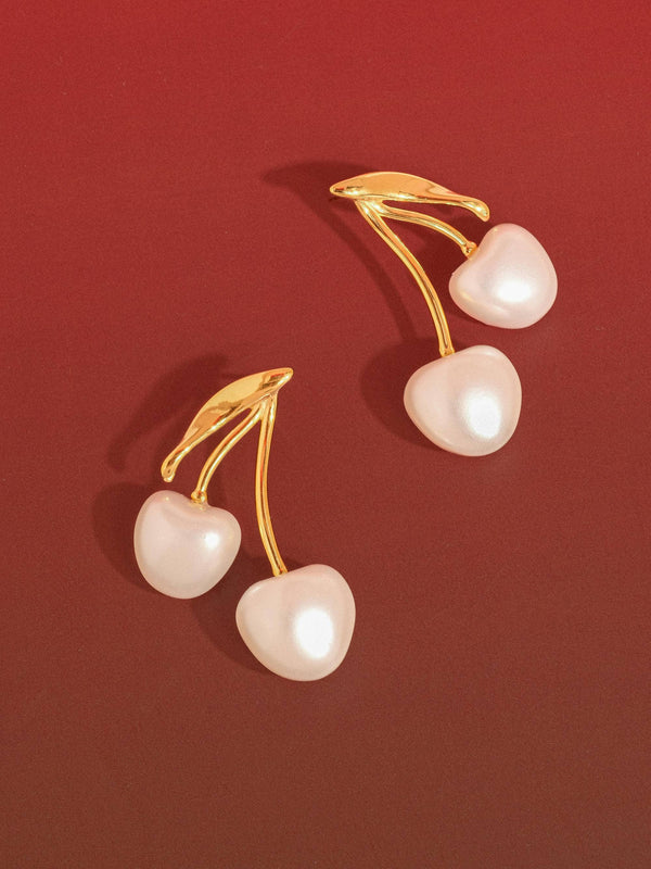 CHÉRIE 18K GOLD NON-TARNISH LARGE PEARL CHERRY EARRINGS