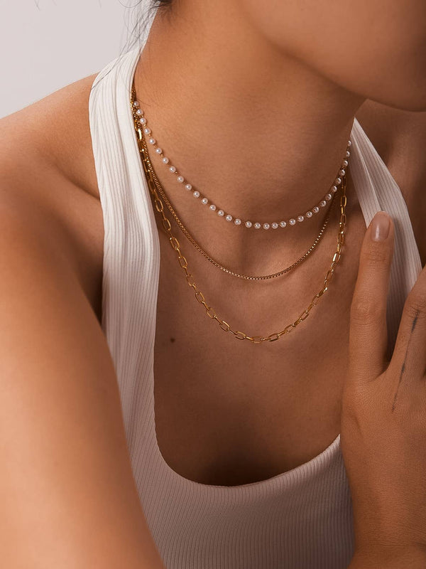 CADEAUX 18K GOLD NON-TARNISH STACKED PEARL NECKLACE