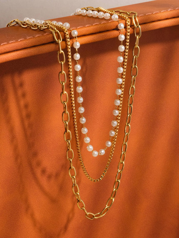 CADEAUX 18K GOLD NON-TARNISH STACKED PEARL NECKLACE