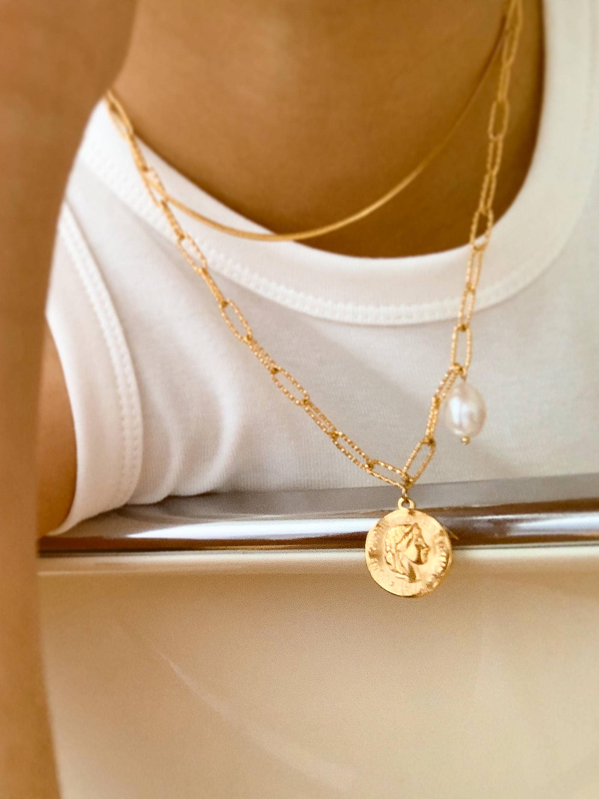 ISALINE GOLD 18K GOLD NON-TARNISH COIN CHAIN NECKLACE