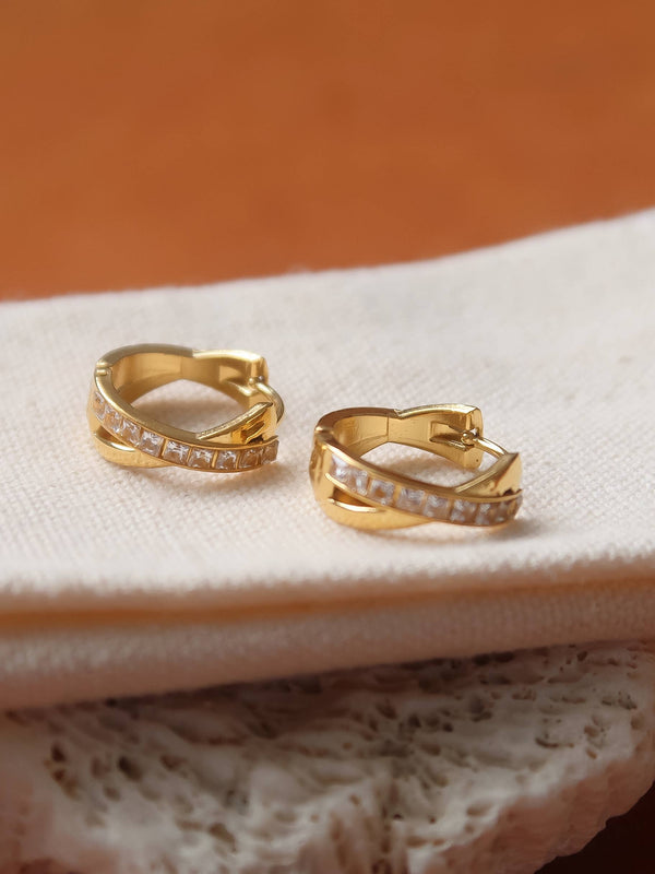 MASISSAC 18K GOLD NON-TARNISH CZ CROSSOVER HUGGIE EARRINGS