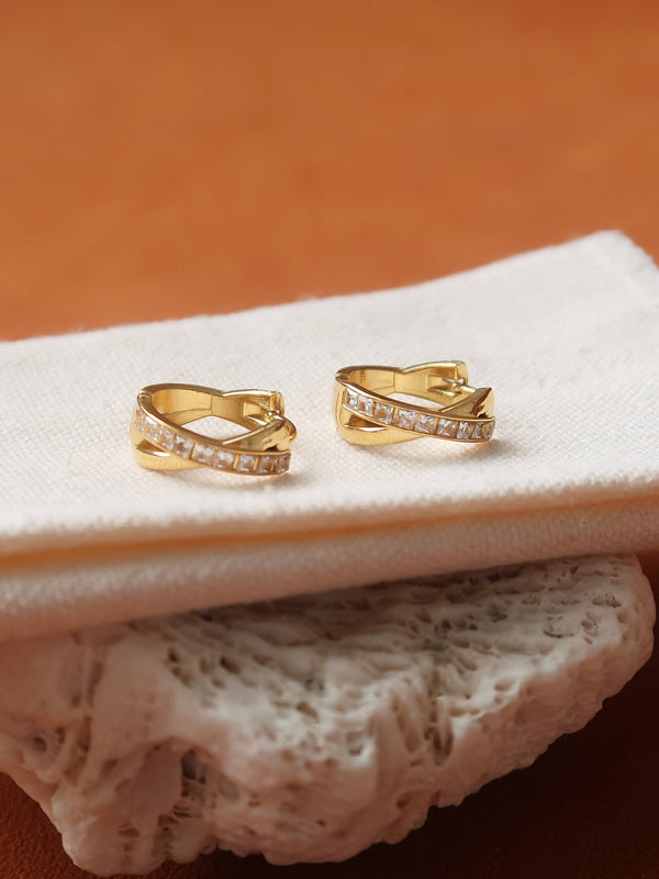 MASISSAC 18K GOLD NON-TARNISH CZ CROSSOVER HUGGIE EARRINGS