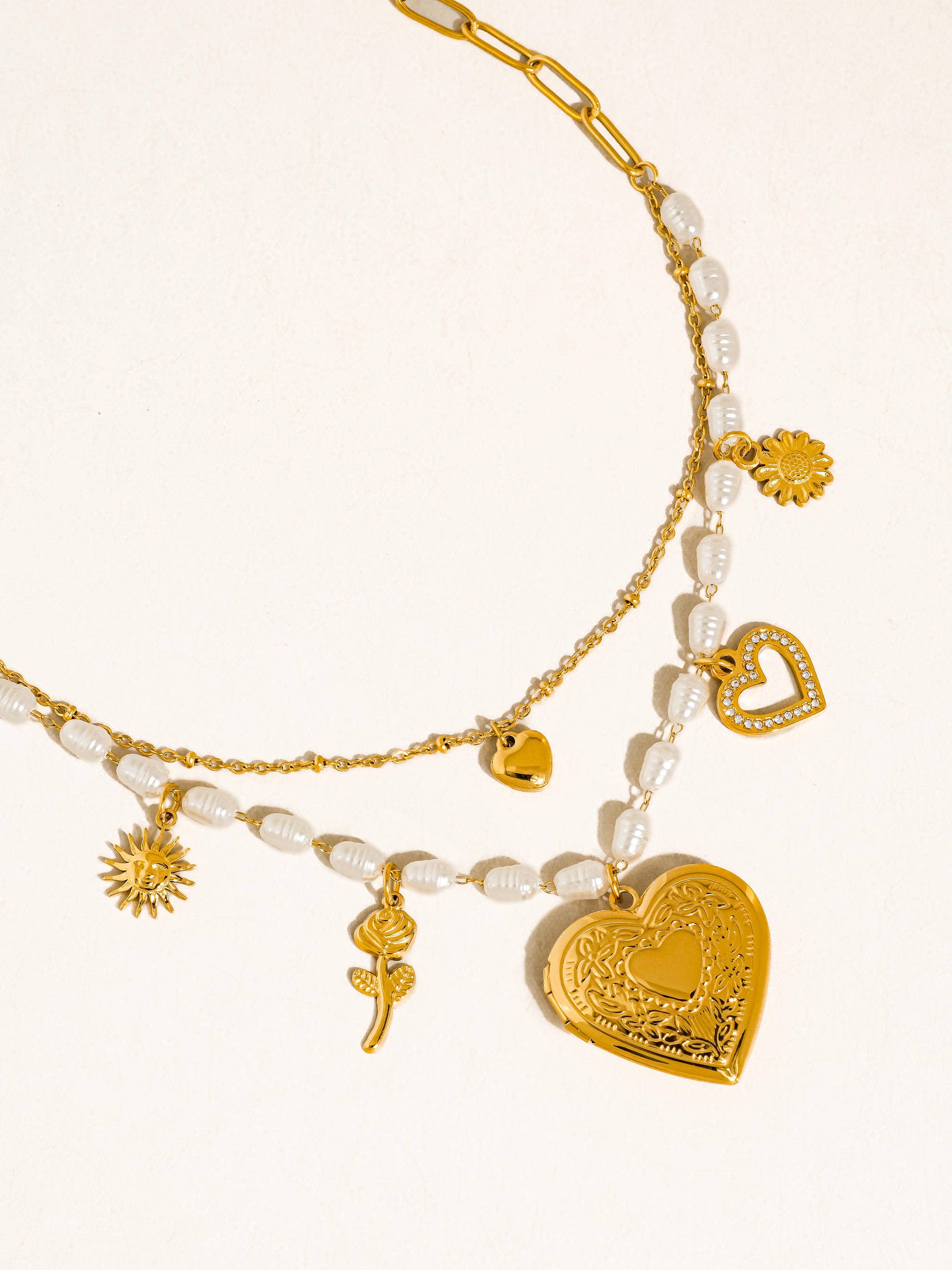 MEADOWE 18K GOLD NON-TARNISH PEARL HEART LOCKET NECKLACE
