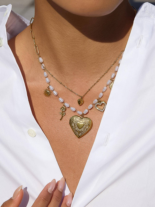 MEADOWE 18K GOLD NON-TARNISH PEARL HEART LOCKET NECKLACE