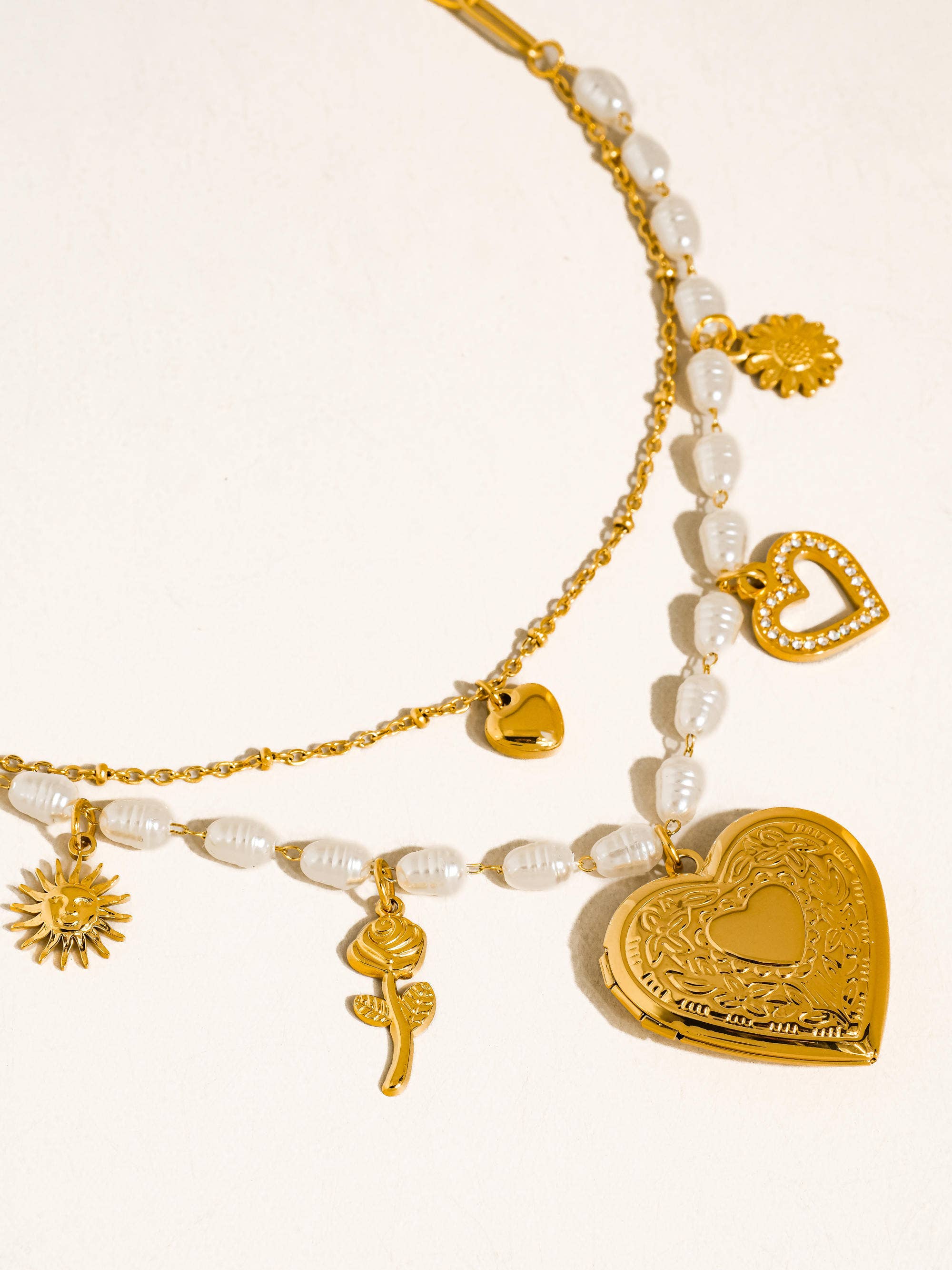 MEADOWE 18K GOLD NON-TARNISH PEARL HEART LOCKET NECKLACE
