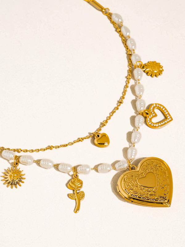 MEADOWE 18K GOLD NON-TARNISH PEARL HEART LOCKET NECKLACE