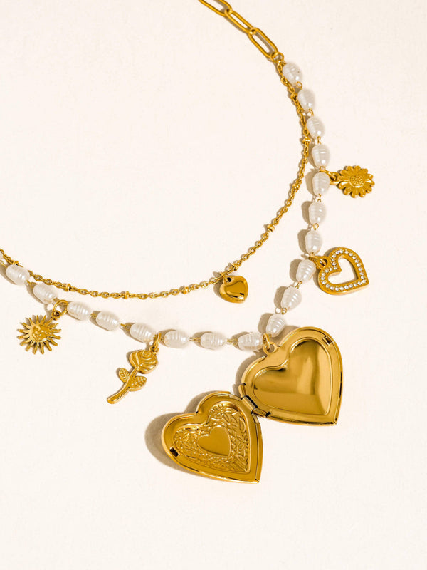 MEADOWE 18K GOLD NON-TARNISH PEARL HEART LOCKET NECKLACE