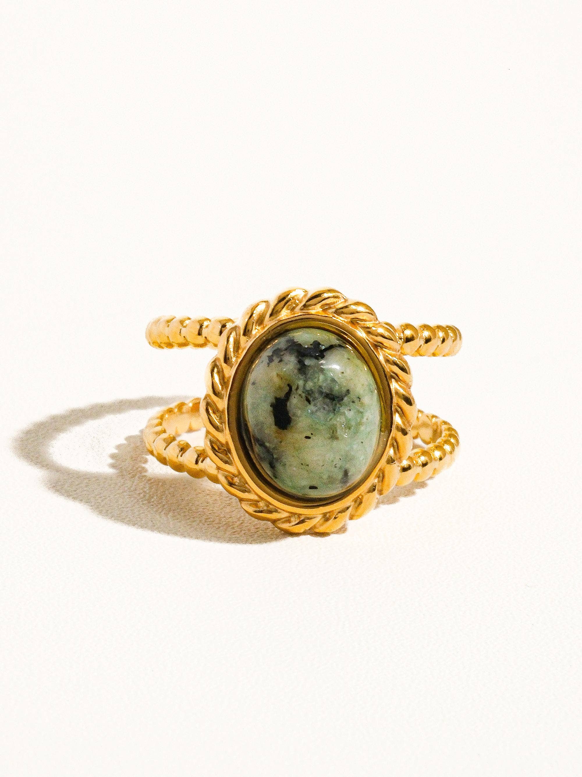 MICA 18K GOLD NON-TARNISH GREEN STONE ADJUSTABLE RING