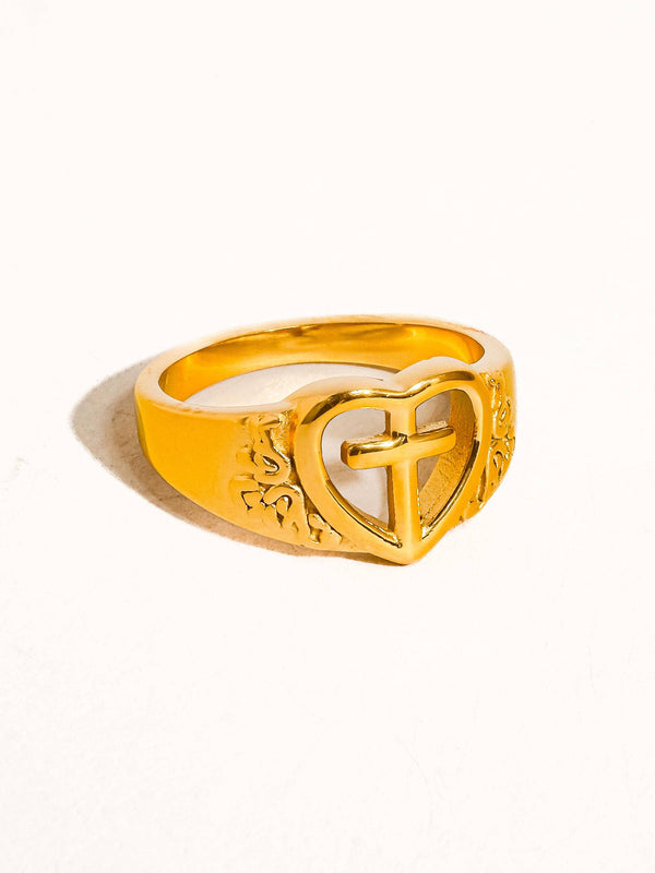 PARTAGÉ 18K GOLD NON-TARNISH CROSS & HEART RING