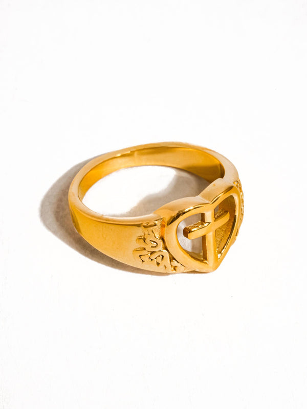 PARTAGÉ 18K GOLD NON-TARNISH CROSS & HEART RING