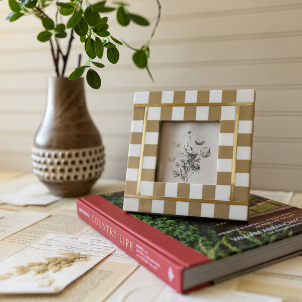 4X4 GWENDOLYN CHECK PHOTO FRAME TAN WITH BRASS INLAY