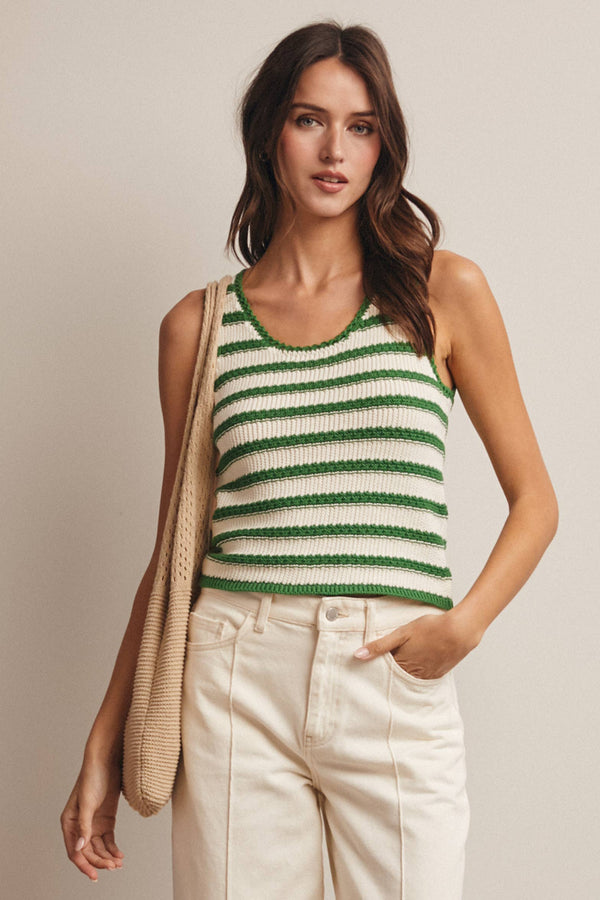 GREEN STRIPE CROCHET KNIT TANK