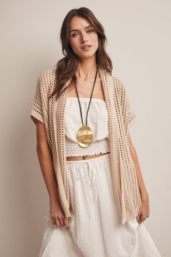 OPEN KNIT BELTED CARDIGAN, NATURAL