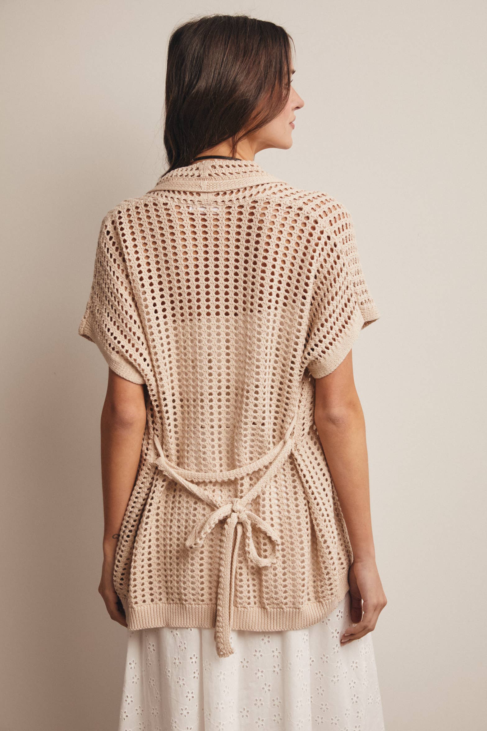 OPEN KNIT BELTED CARDIGAN, NATURAL