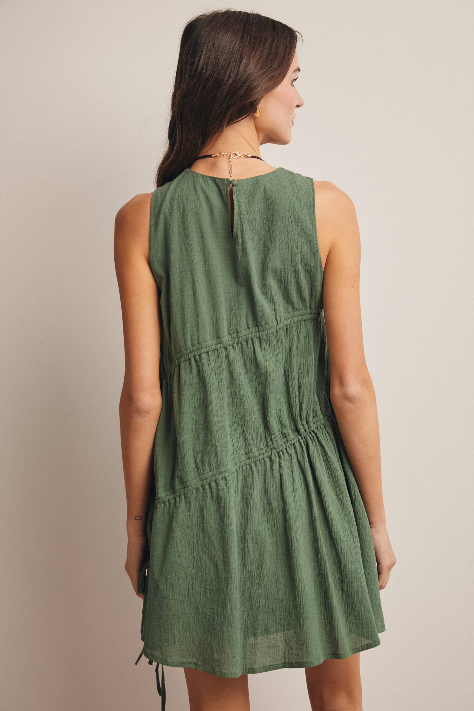 GREEN RUCHED TIE DETAIL LINED MINI DRESS