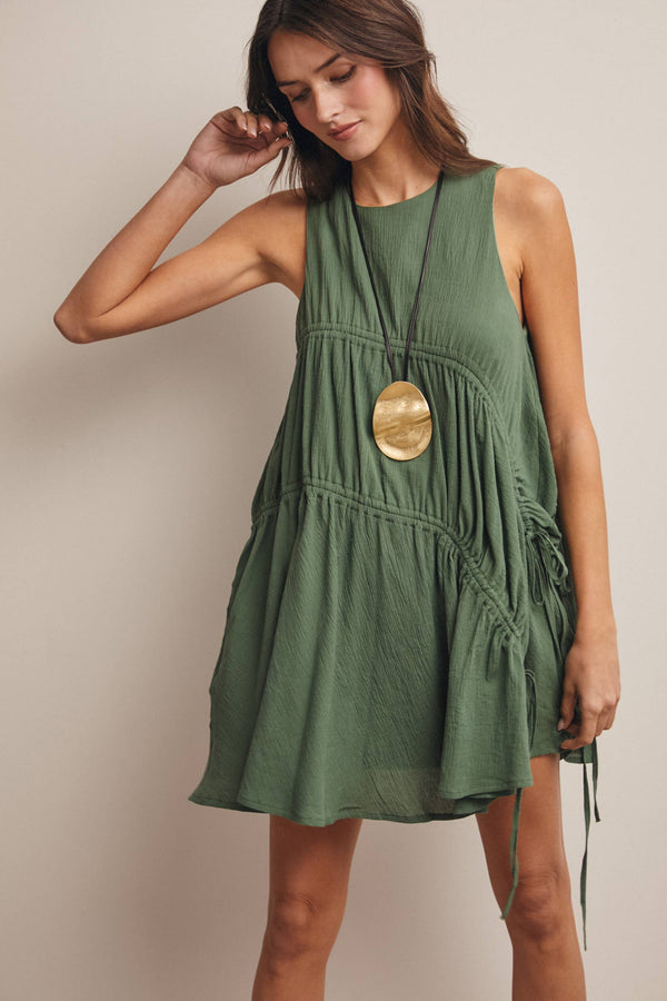GREEN RUCHED TIE DETAIL LINED MINI DRESS