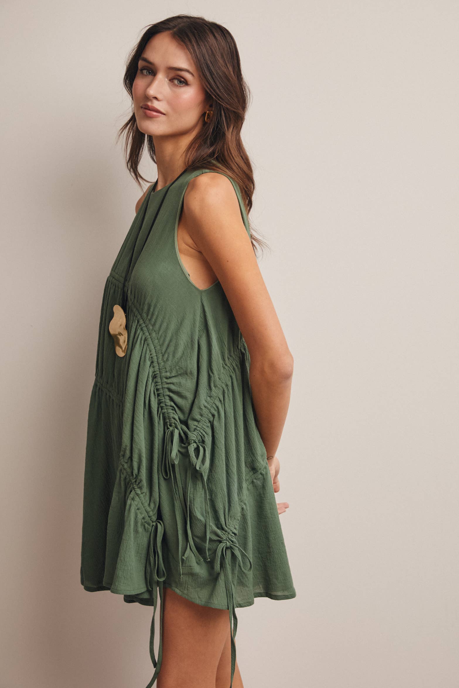 GREEN RUCHED TIE DETAIL LINED MINI DRESS