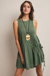 GREEN RUCHED TIE DETAIL LINED MINI DRESS