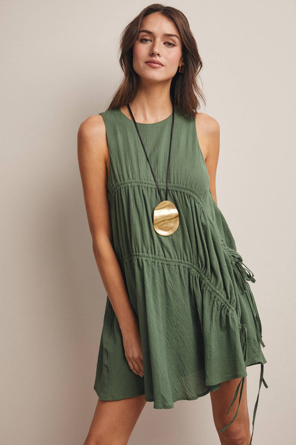 GREEN RUCHED TIE DETAIL LINED MINI DRESS