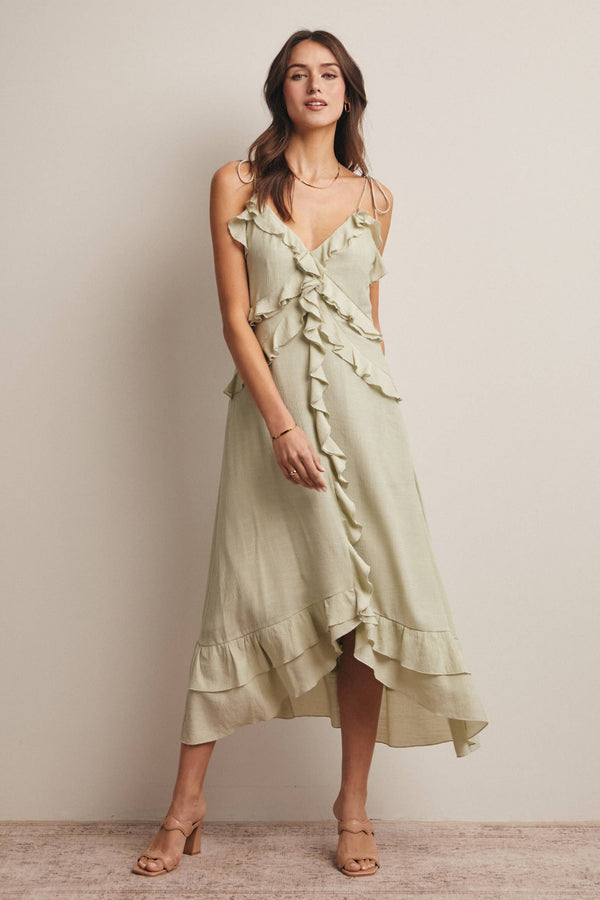 RUFFLE TIE-FRONT MIDI DRESS, GREEN SEAFOAM