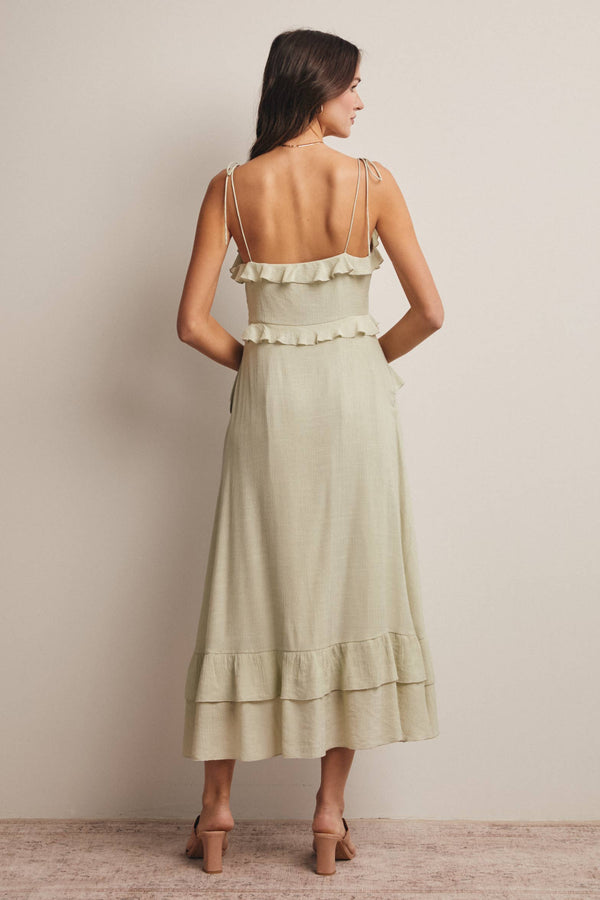 RUFFLE TIE-FRONT MIDI DRESS, GREEN SEAFOAM
