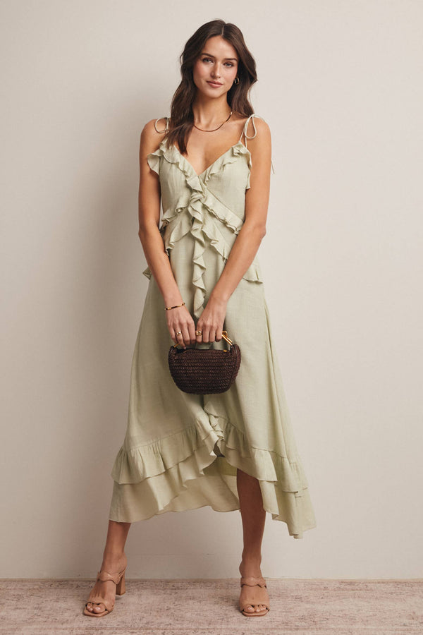 RUFFLE TIE-FRONT MIDI DRESS, GREEN SEAFOAM