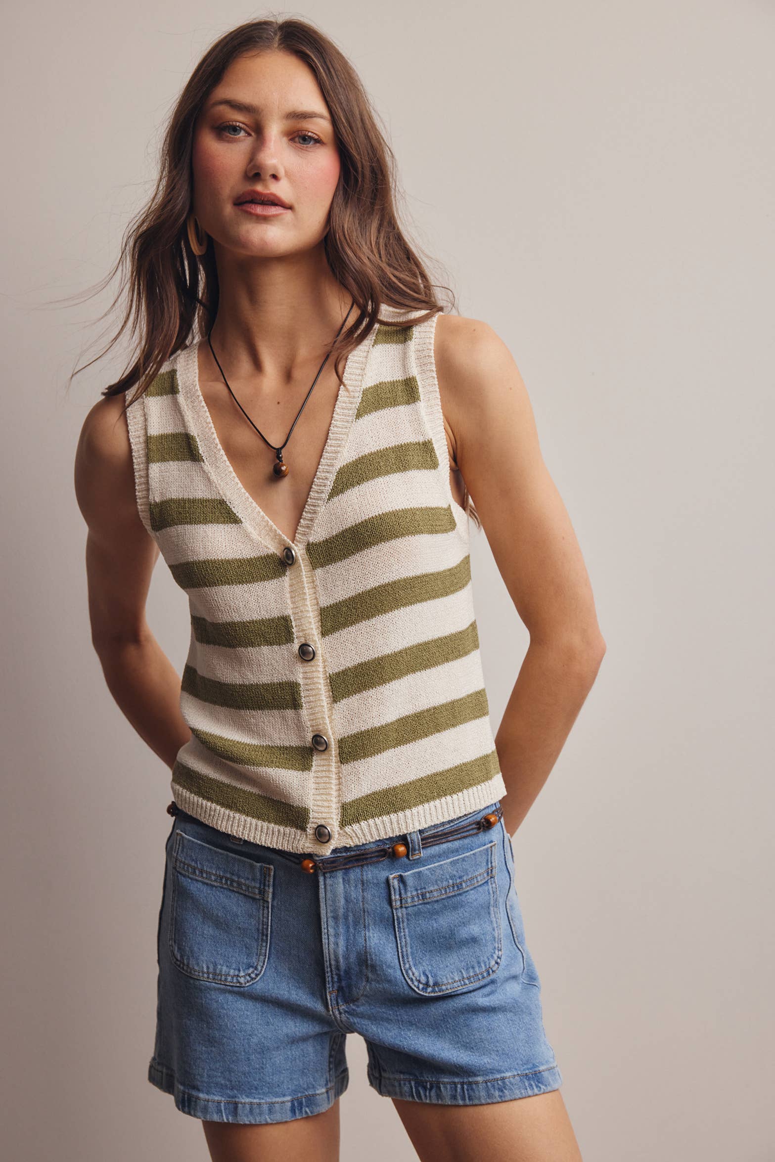 SAGE STRIPED BUTTON-FRONT KNIT VEST TOP
