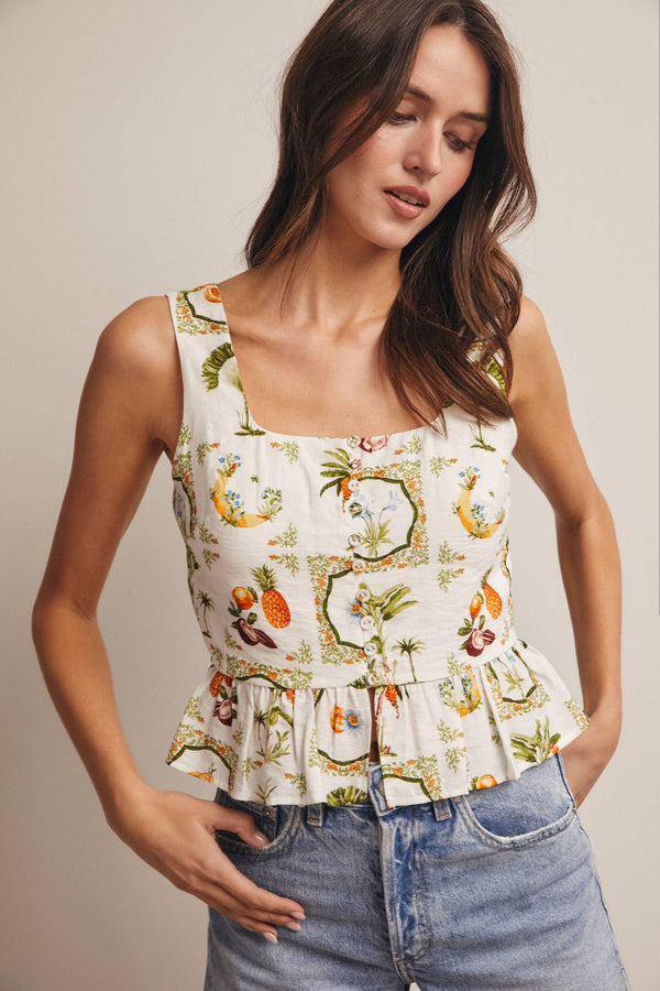 IVORY TROPICAL PRINT LINED PEPLUM TOP