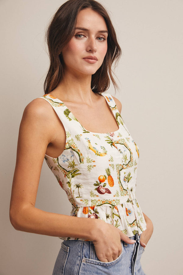 IVORY TROPICAL PRINT LINED PEPLUM TOP