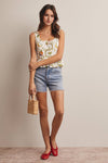 IVORY TROPICAL PRINT LINED PEPLUM TOP