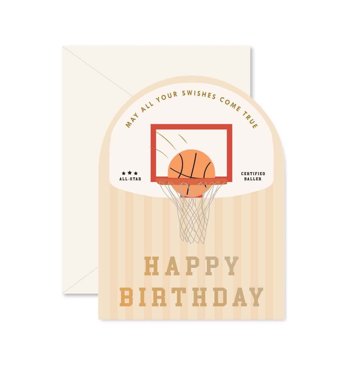 A birthday greeting card with a basketball theme, featuring a basketball hoop and a 'Happy Birthday' message, with a beige envelope.