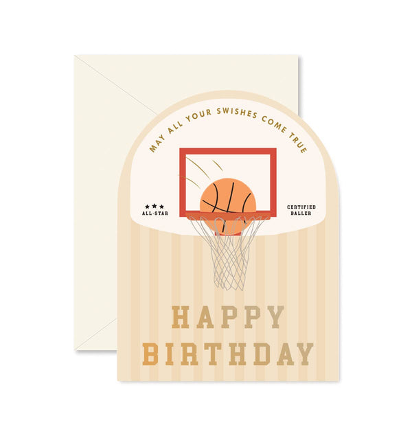 A birthday greeting card with a basketball theme, featuring a basketball hoop and a 'Happy Birthday' message, with a beige envelope.