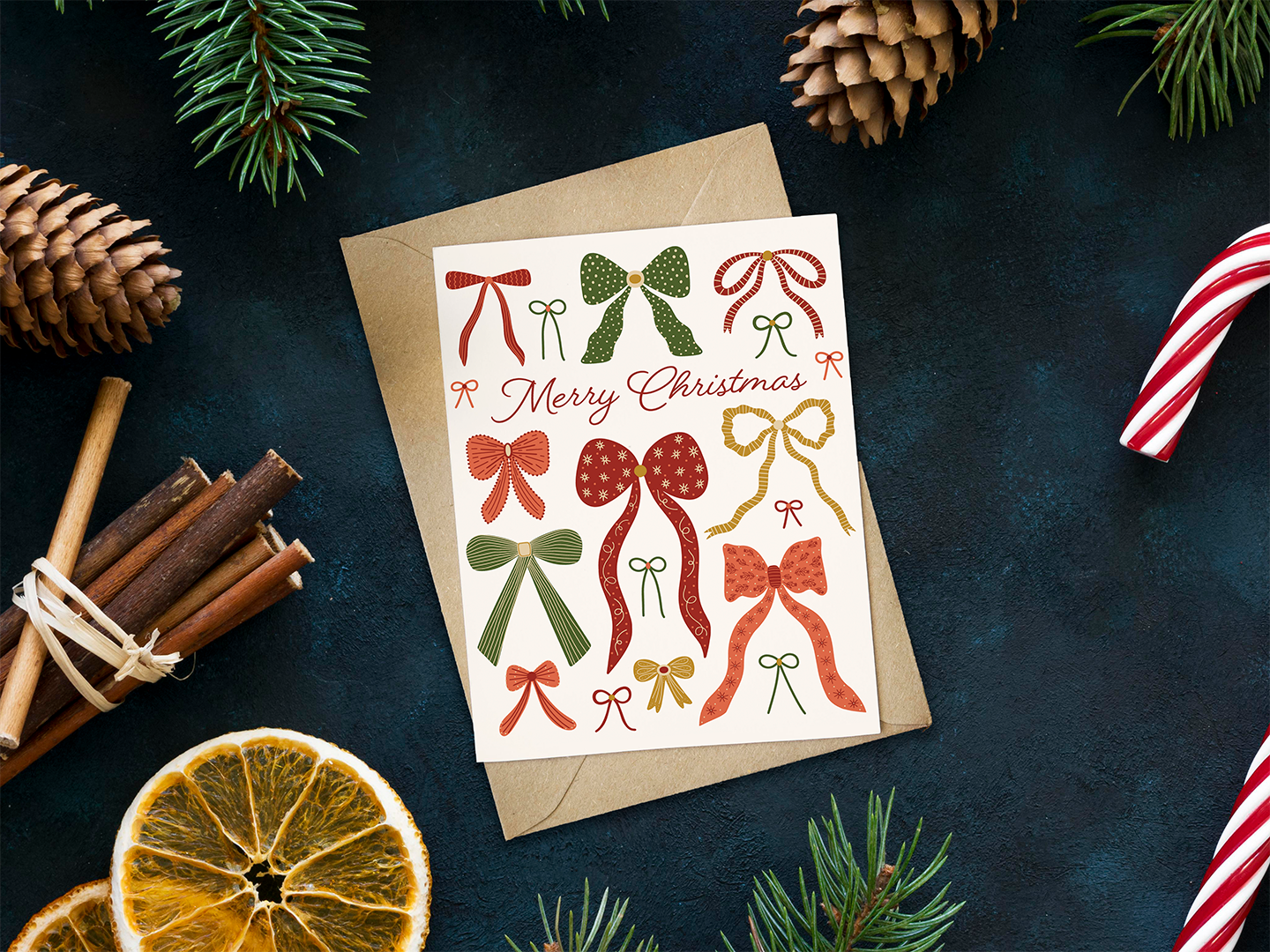 BOWS MERRY CHRISTMAS GREETING CARD