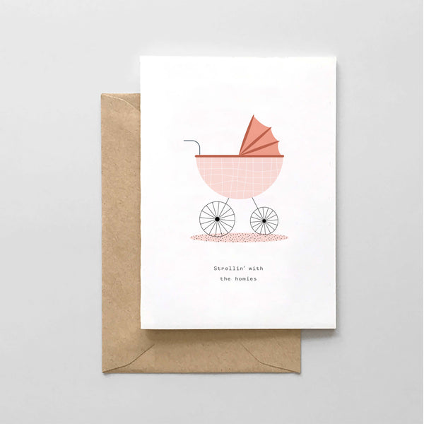 A greeting card with a simple illustration of a baby stroller and a kraft brown envelope.