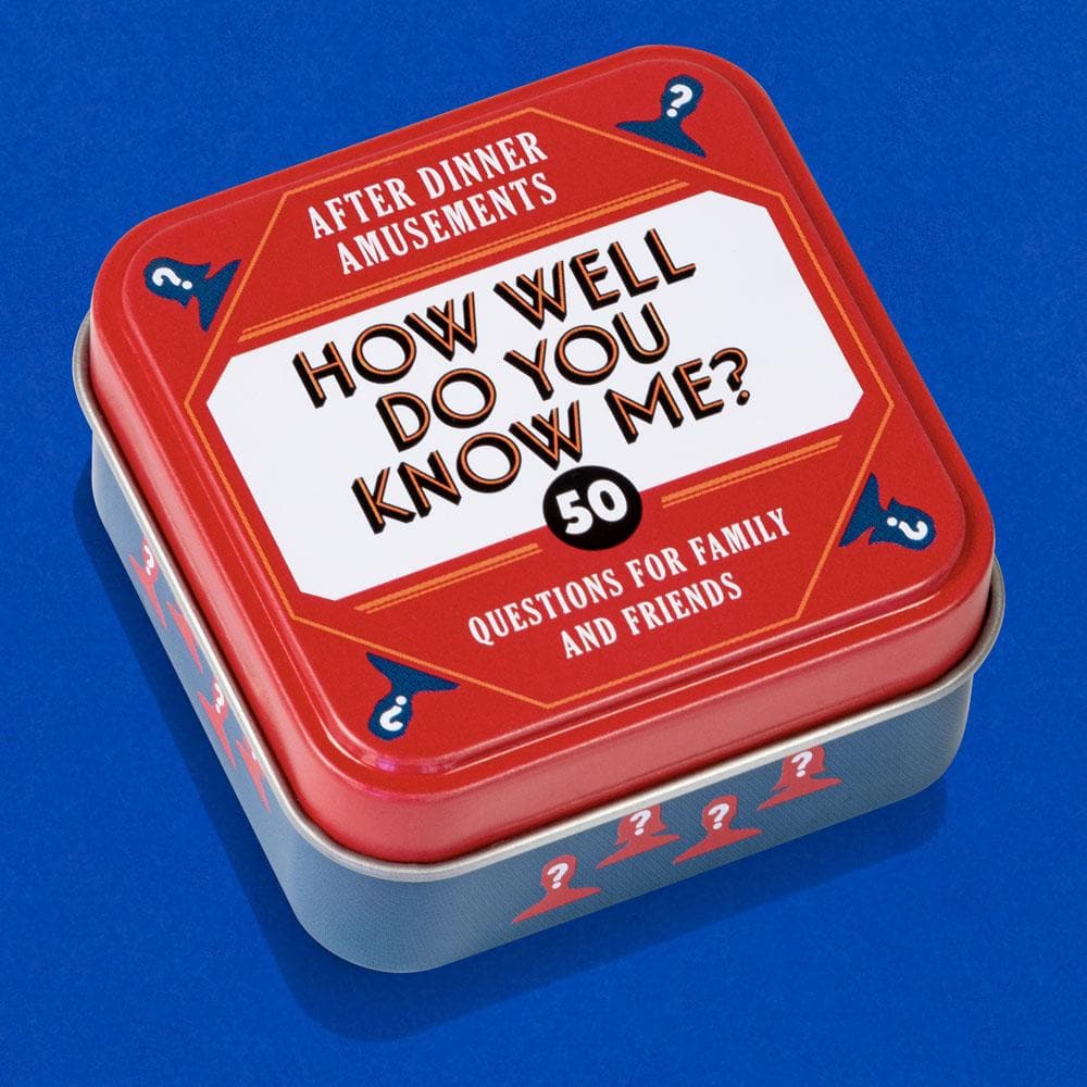 Red game tin with text 'How Well Do You Know Me?' on a blue background