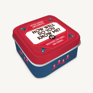 A tin box game titled 'After Dinner Amusements: How Well Do You Know Me?' with a blue and red design, featuring text and decorative elements.