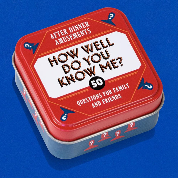 Red game tin with text 'How Well Do You Know Me?' on a blue background