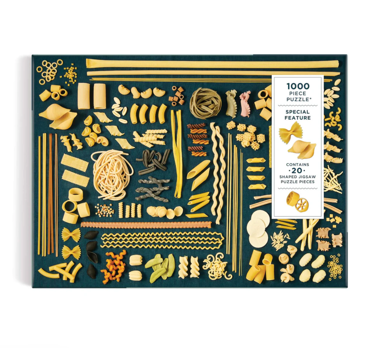 Pasta-themed puzzle packaging with various pasta shapes on a black background