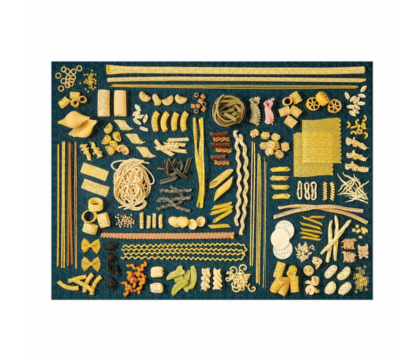 Collection of various pasta shapes on a dark blue background