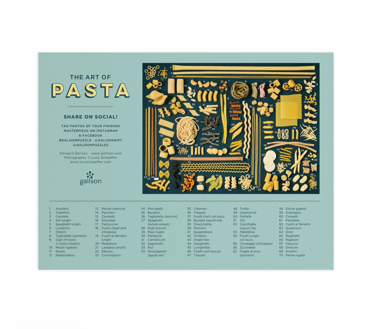 Pasta-themed packaging with a variety of pasta shapes on a gray background