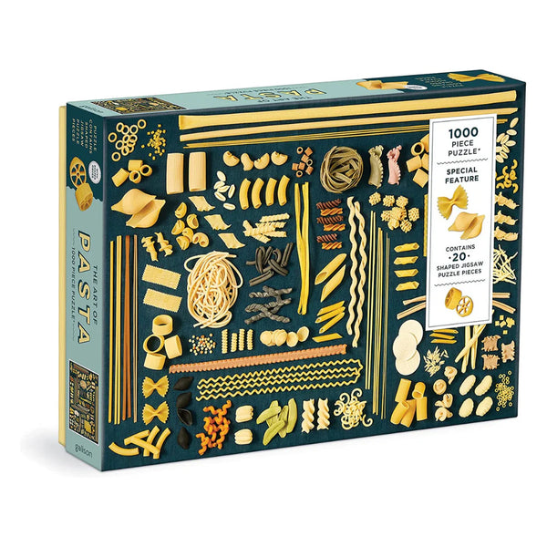 Puzzle box featuring various types of pasta on a blue background